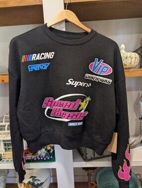 NWT Organic Generation Racing Themed Black Cropped  Sweatshirt Size Medium